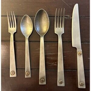Restoration Hardware Hammered Steel Brass Rivet Flatware Cutlery Set 5 pc